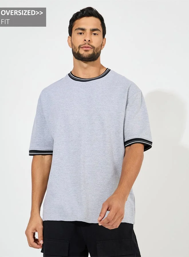 Styli Solid Cotton Terry Ringer T-Shirt with Contrast Rib Neck Detail