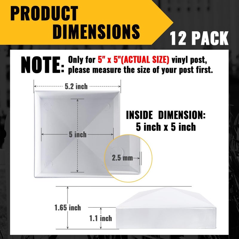 VIVIDA 5" x 5" Vinyl Post Caps, White PVC Pyramid Fence Post Cap, for Actual 5" x 5" Vinyl Fence, Deck & Mailbox, 12 Pack - Image 2