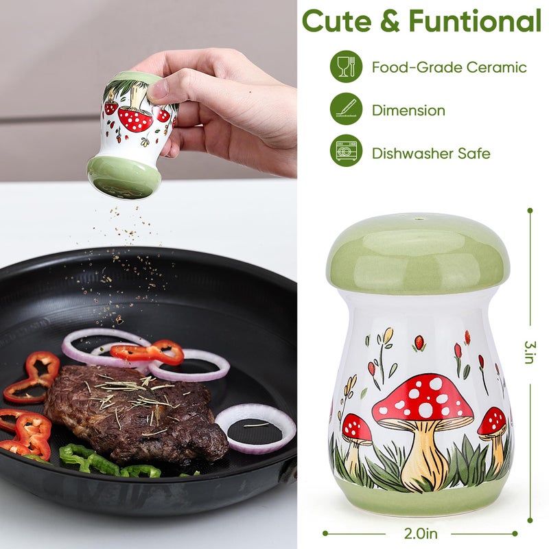 Fungi Fun مجموعة ملح وفلفل خزفية على شكل فطر، أدوات ملح وفلفل لطيفة للطاولة وسطح العمل، حاويات توابل مزخرفة مطلية يدويًا، ديكور مطبخ على شكل فطر لمطبخ ريفي - Image 3