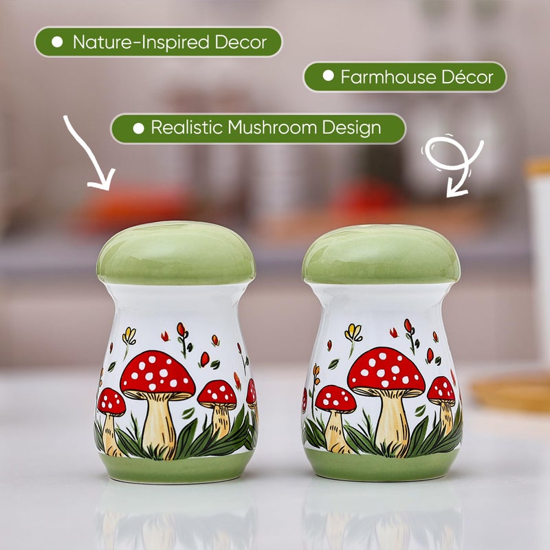 Fungi Fun مجموعة ملح وفلفل خزفية على شكل فطر، أدوات ملح وفلفل لطيفة للطاولة وسطح العمل، حاويات توابل مزخرفة مطلية يدويًا، ديكور مطبخ على شكل فطر لمطبخ ريفي - Image 5
