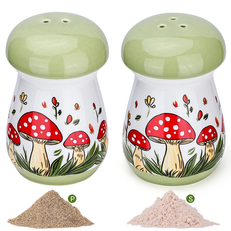Fungi Fun مجموعة ملح وفلفل خزفية على شكل فطر، أدوات ملح وفلفل لطيفة للطاولة وسطح العمل، حاويات توابل مزخرفة مطلية يدويًا، ديكور مطبخ على شكل فطر لمطبخ ريفي - Image 1