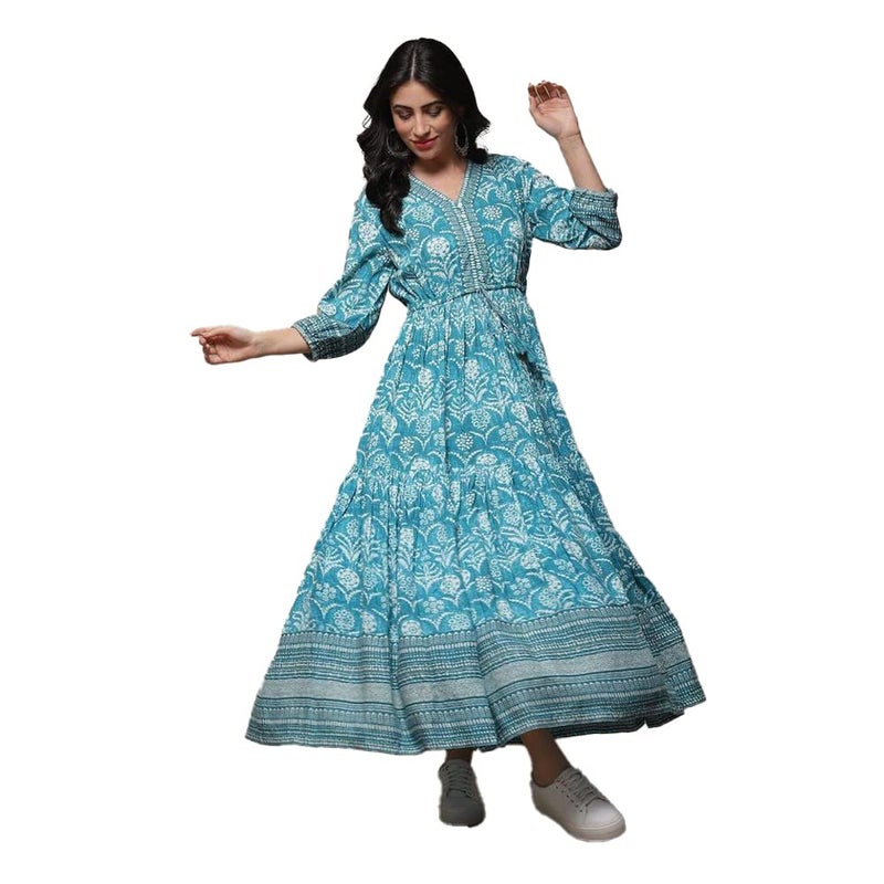 Biba Women Fit and Flare Maxi Printed Mix and Match Dress (Casual D1971_Turquoise_40) - Image 5