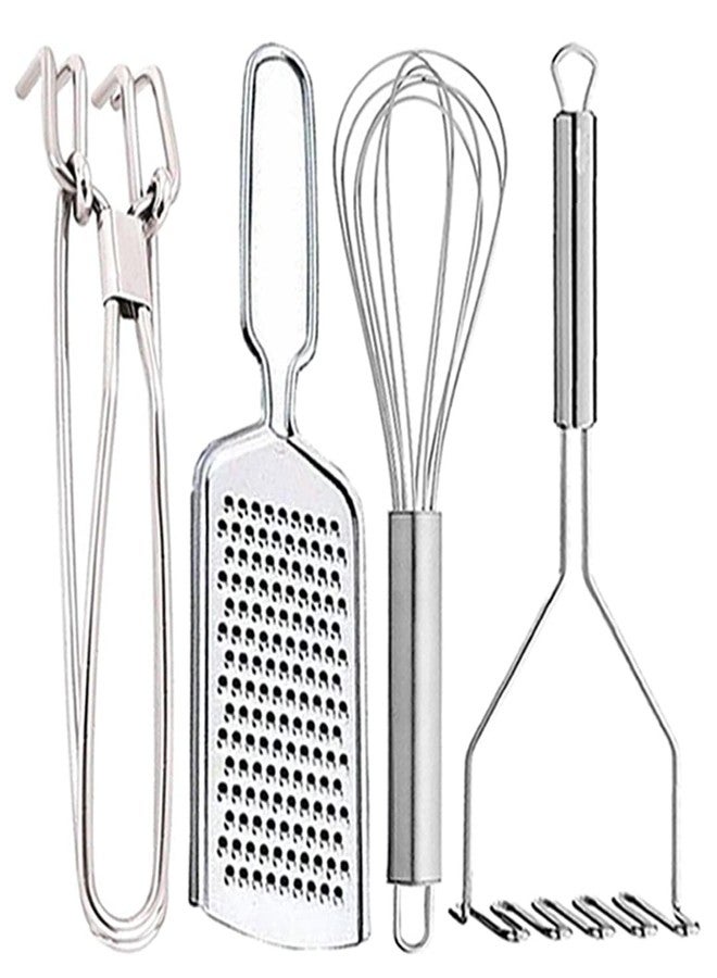 Oc9 Stainless Steel Utility Pakkad & Wire Grater & Egg Whisk & Potato Masher for Kitchen Tools Set (Design 32) - Image 1