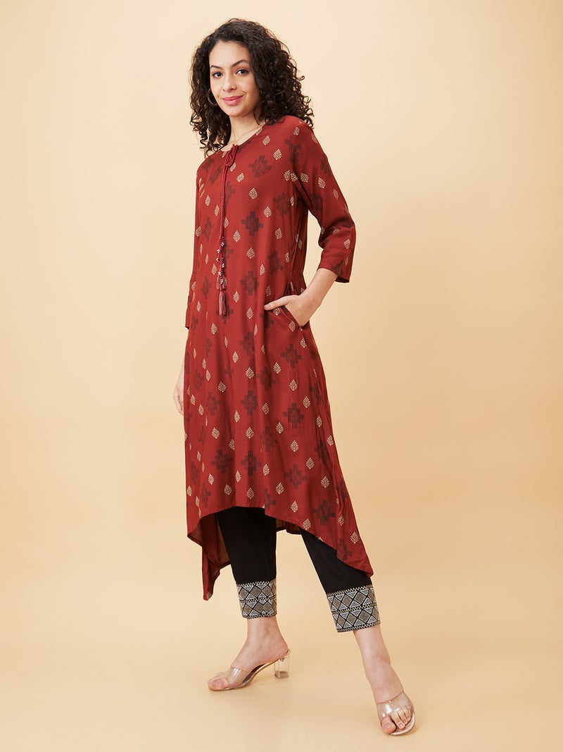 globus Globus Women Rust Ethnic Motifs Printed Tie-Ups Neck A-Line Regular Kurta - Image 4