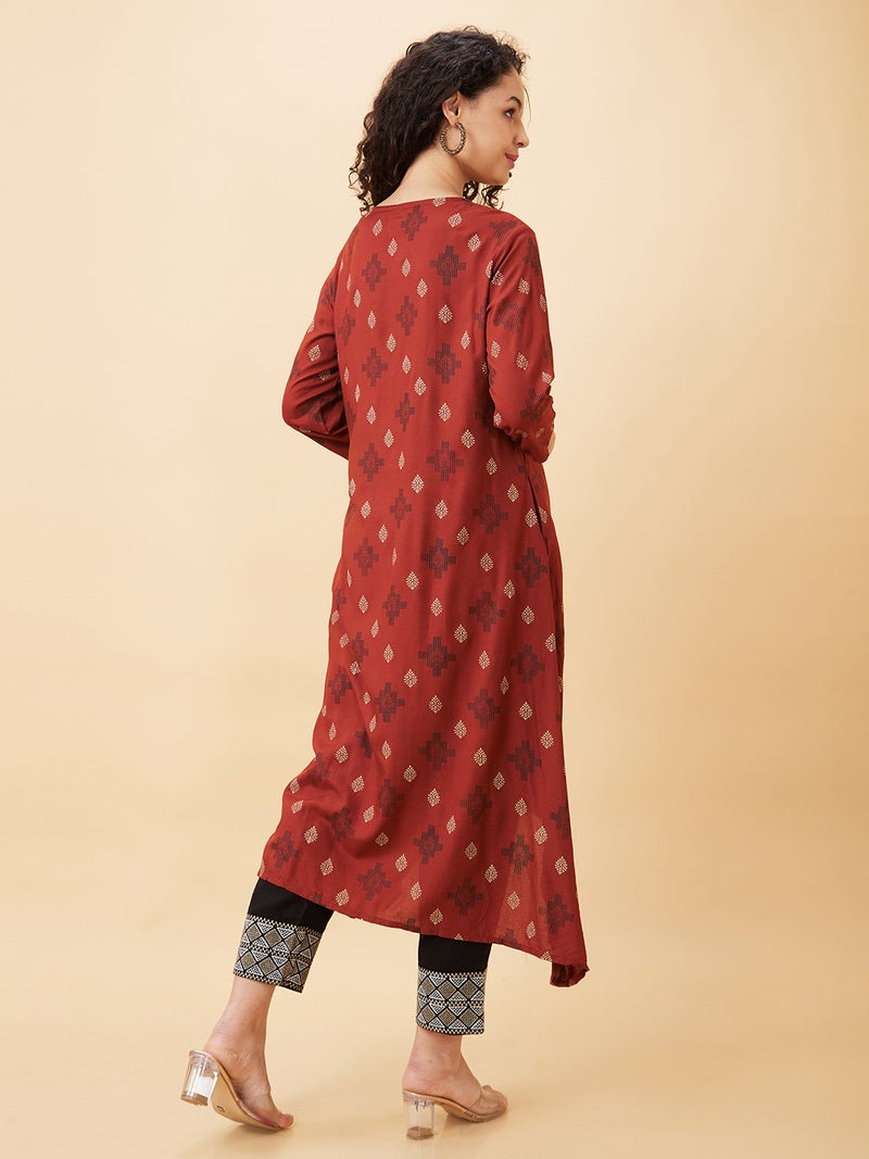 globus Globus Women Rust Ethnic Motifs Printed Tie-Ups Neck A-Line Regular Kurta - Image 3