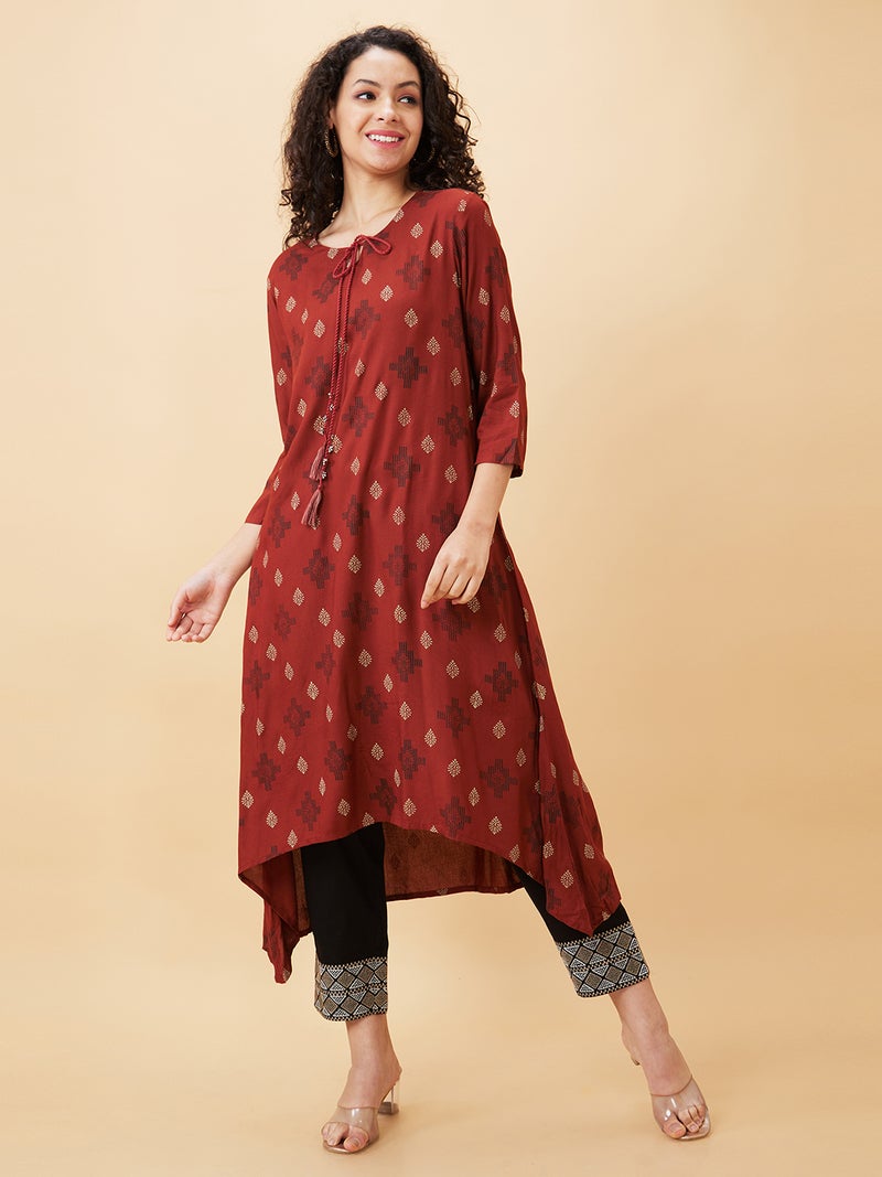globus Globus Women Rust Ethnic Motifs Printed Tie-Ups Neck A-Line Regular Kurta - Image 2