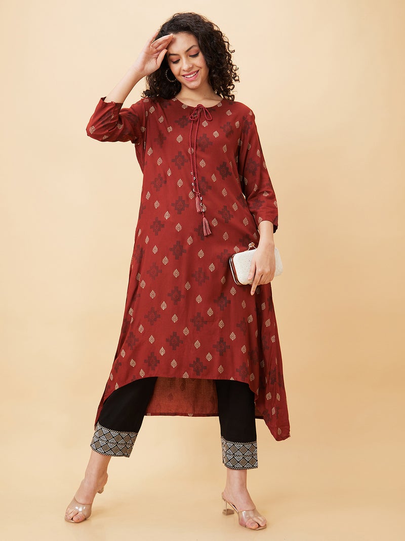 globus Globus Women Rust Ethnic Motifs Printed Tie-Ups Neck A-Line Regular Kurta - Image 1
