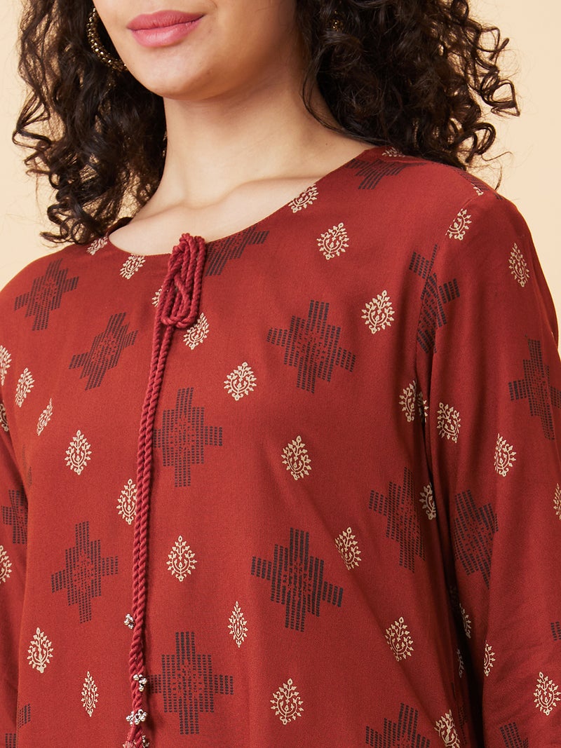 globus Globus Women Rust Ethnic Motifs Printed Tie-Ups Neck A-Line Regular Kurta - Image 5
