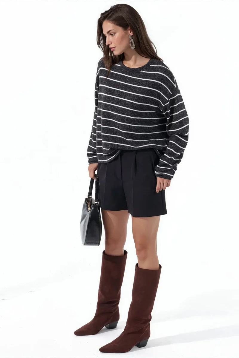 BUSEM Striped Ribbed Crew Neck Sweater