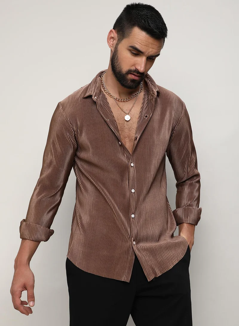 Campus Sutra Men's Mocha Brown Pleat-Creased Shirt