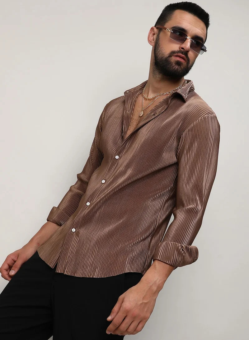 Campus Sutra Men's Mocha Brown Pleat-Creased Shirt