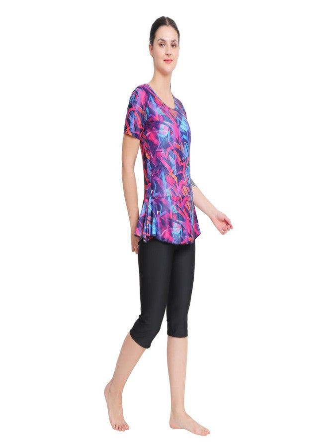 SHIFTER Printed Swimming Costume for Women Frock Style Quick Drying Swim Dress I Swimwear for Women I One-Piece Swimsuits I Swimsuit for Women[Half Sleeves - Half Length - without Pads] (3XL, PINK STAR) - Image 1