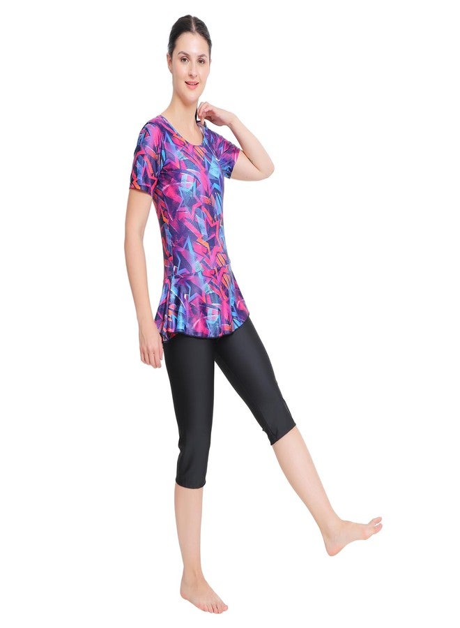 SHIFTER Printed Swimming Costume for Women Frock Style Quick Drying Swim Dress I Swimwear for Women I One-Piece Swimsuits I Swimsuit for Women[Half Sleeves - Half Length - without Pads] (3XL, PINK STAR) - Image 2