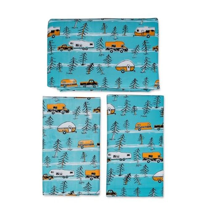 Camco Life is Better at The Campsite Picnic Table Cover with Bench Covers - Provides a Clean Eating Surface for Outdoor Activities - Features an RV and Tree Sketch Design (53380)