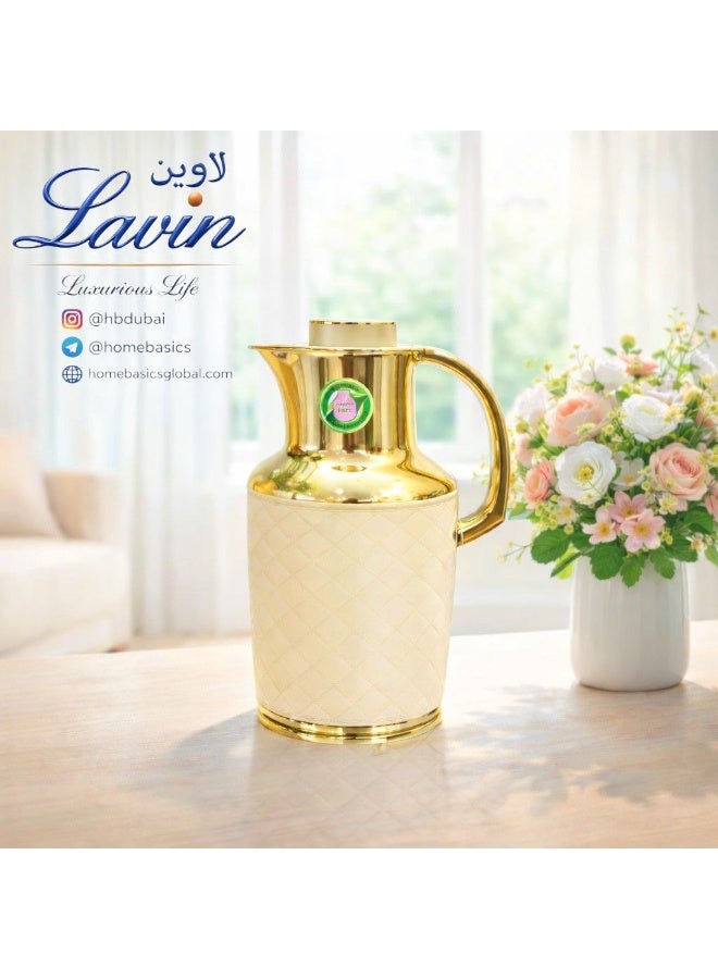 Lavin vaccum flask 1L / Elegent Thermos/Leather design / Glass Inner/Hot&Cold/Cream/HB