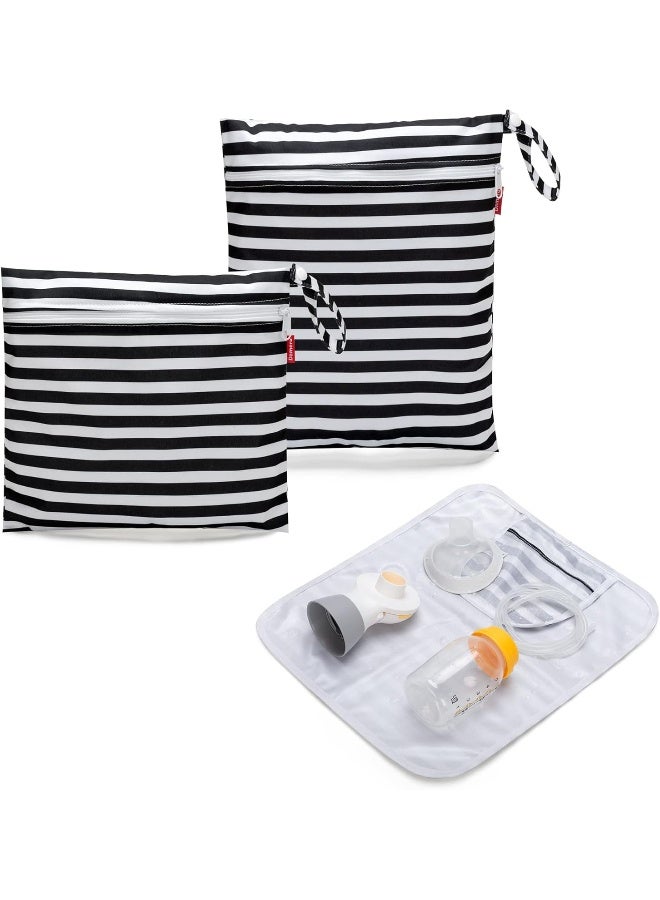Damero Breast Pump Parts Bag, 2Pack Wet Bag for Breast Pump Parts Storage with Waterproof Mat, Black Strips - Image 1