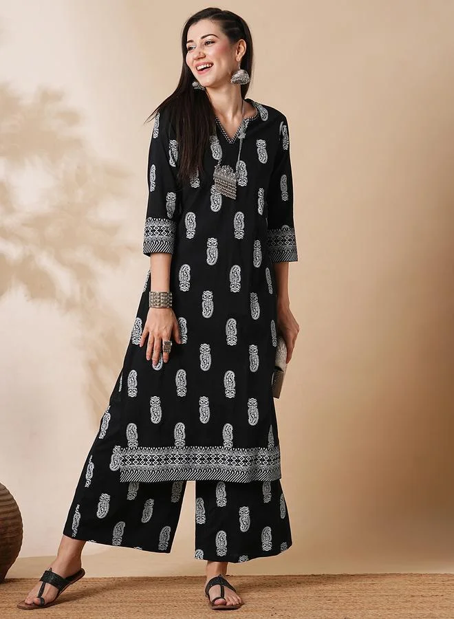 globus All Over Paisley Print Straight Kurta and Palazzos Workwear Set