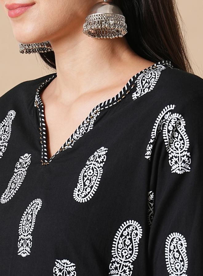 جلو باص طقم كورتا مستقيمة للعمل بطبعة شرقية كاملة مع بنطال واسع - Image 4