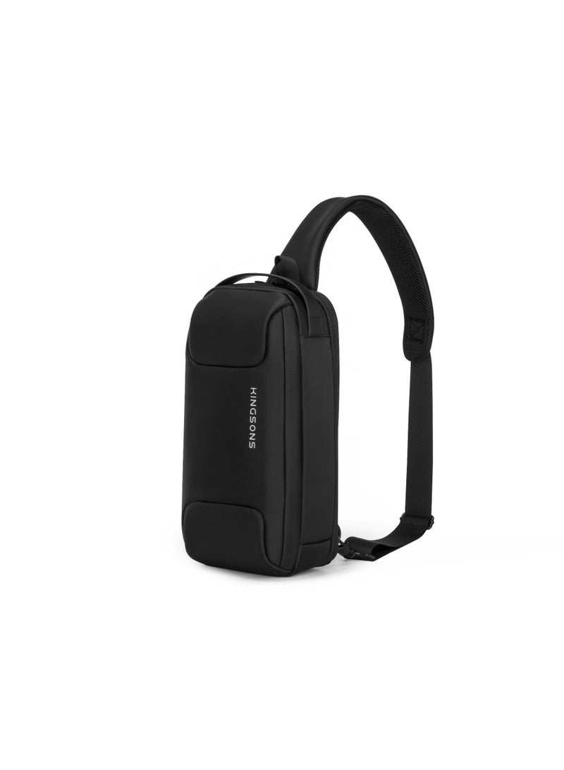 كينغسونز حقيبة كتف Kingsons Sling Bag 🎒 لون أسود 🖤 – مصنوعة من بوليستر مقاوم للماء 💧، مزودة بحجرة رئيسية واسعة 🧩، وجيب مخصص لجهاز iPad مقاس 10 بوصات 📱، مع منفذ شحن USB2.0 ⚡ وقفل TSA جانبي 🔒 – مثالية للعمل والسفر اليومي 🧳 - Image 1