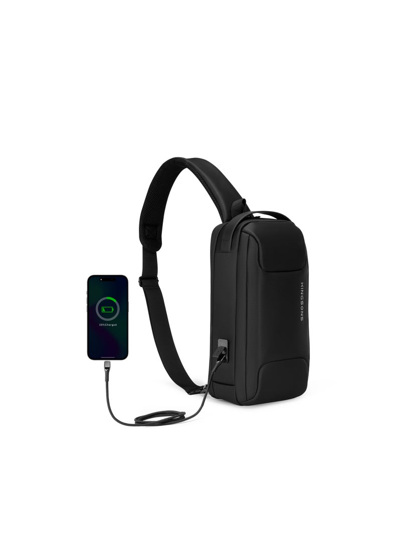 كينغسونز حقيبة كتف Kingsons Sling Bag 🎒 لون أسود 🖤 – مصنوعة من بوليستر مقاوم للماء 💧، مزودة بحجرة رئيسية واسعة 🧩، وجيب مخصص لجهاز iPad مقاس 10 بوصات 📱، مع منفذ شحن USB2.0 ⚡ وقفل TSA جانبي 🔒 – مثالية للعمل والسفر اليومي 🧳 - Image 3