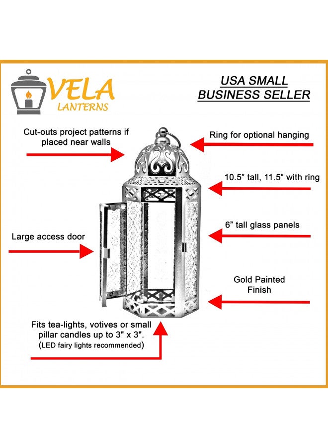 Vela Lanterns Vela Lanterns Gold Moroccan Lamp Lantern Decorative Candle Holder for Indoor Outdoor Home Decor, Amber Glass, Medium 