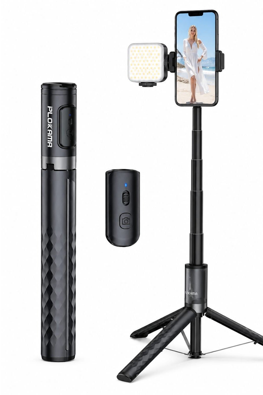 PLOKAMA LIVE-T7 Pro Selfie Stick Tripod with Adjustable 3-Color LED ...