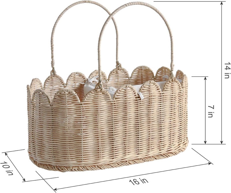 Quincry Premium Wicker Baby Diaper Caddy Organizer,Woven Scalloped Rattan Basket with Handle,Wicker Baby Carriage for Nursery (Scalloped Rattan Baby Diaper Caddy Organizer) - Image 4