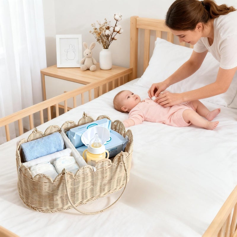Quincry Premium Wicker Baby Diaper Caddy Organizer,Woven Scalloped Rattan Basket with Handle,Wicker Baby Carriage for Nursery (Scalloped Rattan Baby Diaper Caddy Organizer) - Image 3