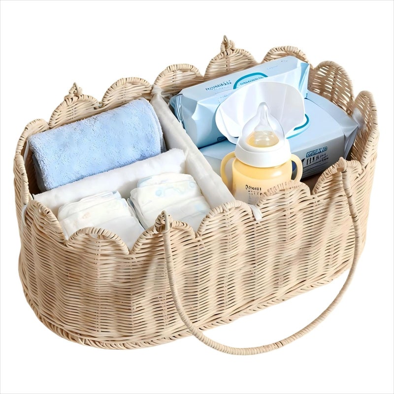 Quincry Premium Wicker Baby Diaper Caddy Organizer,Woven Scalloped Rattan Basket with Handle,Wicker Baby Carriage for Nursery (Scalloped Rattan Baby Diaper Caddy Organizer) - Image 1