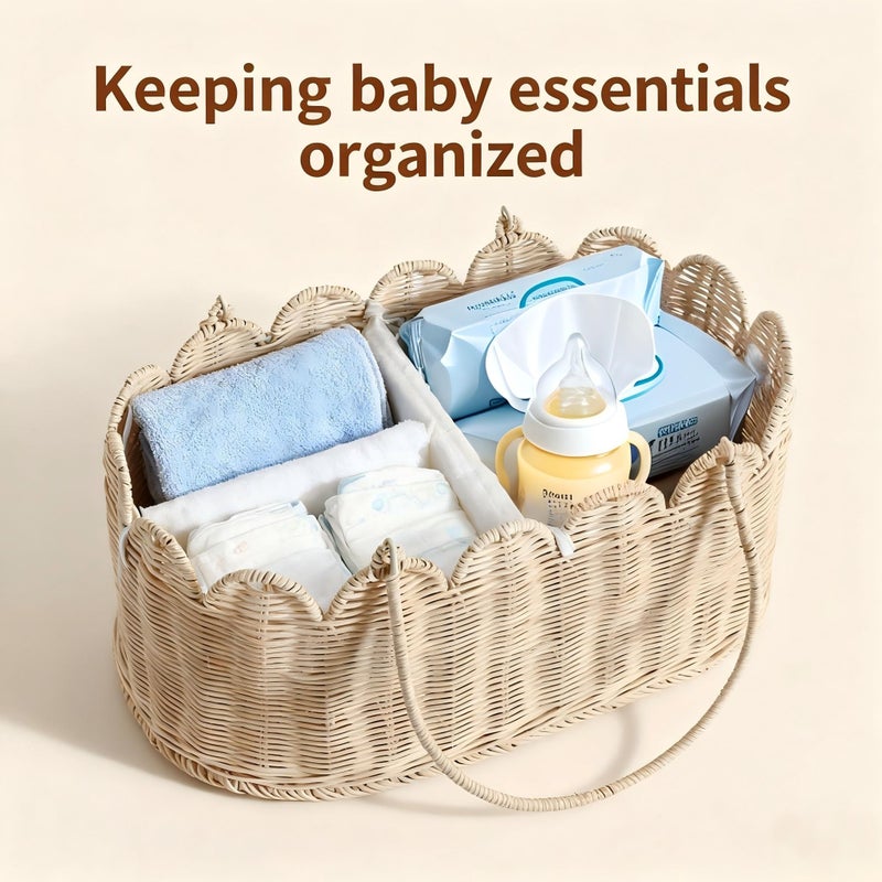 Quincry Premium Wicker Baby Diaper Caddy Organizer,Woven Scalloped Rattan Basket with Handle,Wicker Baby Carriage for Nursery (Scalloped Rattan Baby Diaper Caddy Organizer) - Image 5