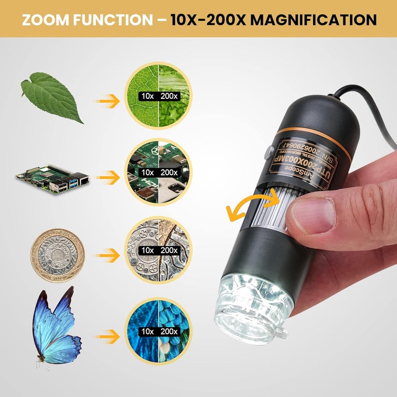 AmScope Amscope UTP200X003MP Digital 2MP USB Microscope 10X200X Magnification BuiltIn Eight LED Light Source Table Stand Includes Software CD Black  - Image 4