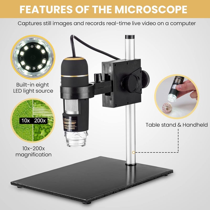 AmScope Amscope UTP200X003MP Digital 2MP USB Microscope 10X200X Magnification BuiltIn Eight LED Light Source Table Stand Includes Software CD Black  - Image 2