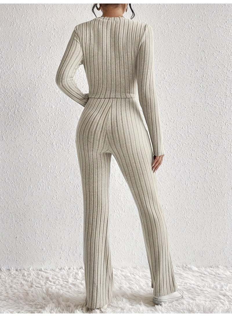 general 2025-2026 Leisure Solid Color Two-Piece Set - Front Tied Long-Sleeved Short-Sleeve Top and A-Line Pants Set - Image 2