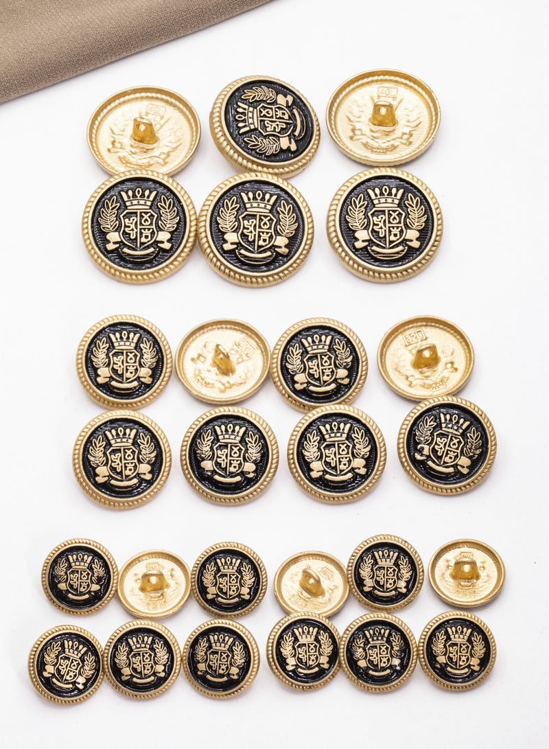 طقم أزرار معدنية مكون من 26 قطعة بتصميم تاج وغار، باللونين الذهبي والأسود - Image 1