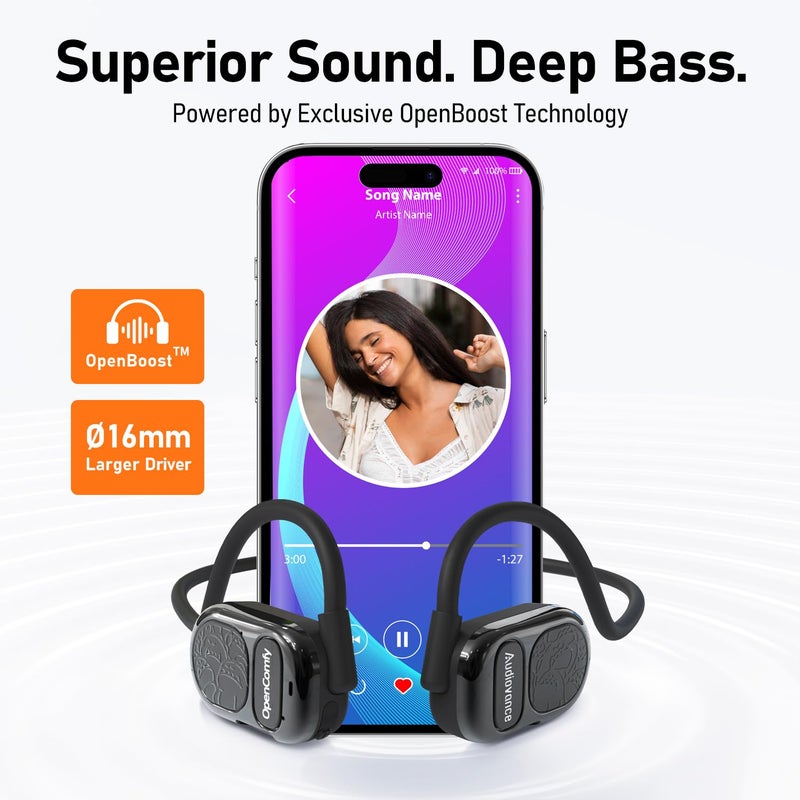 Audiovance OpenComfy CF201 Wireless Headphones for Running - Bluetooth Open-Ear Headphones for Sports Gym Workout - Superior Sound, Ultimate Comfor, Secure Fit, Ambient Awarenes. Black - Image 3
