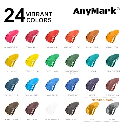 AnyMark Acrylic Paint Set, 24 Classic Colors with 10 Brushes, 2 fl oz/60ml Bottles, Art kit Painting Supplies for Kids Adults Canvas, Rock, Wood - Image 2