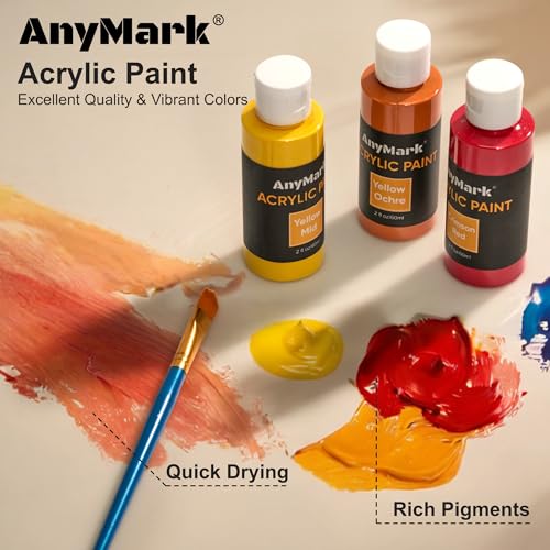 AnyMark Acrylic Paint Set, 24 Classic Colors with 10 Brushes, 2 fl oz/60ml Bottles, Art kit Painting Supplies for Kids Adults Canvas, Rock, Wood - Image 3