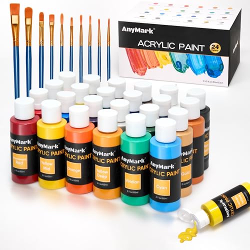 AnyMark Acrylic Paint Set, 24 Classic Colors with 10 Brushes, 2 fl oz/60ml Bottles, Art kit Painting Supplies for Kids Adults Canvas, Rock, Wood - Image 1