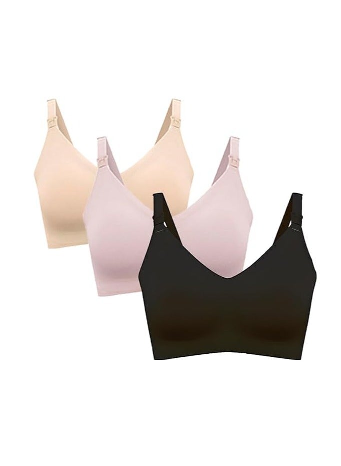 3 Nursing Bras for Breastfeeding and Maternity, Pregnancy Wireless Bralette for Active Moms, Black/Pink/Skin  - Image 1