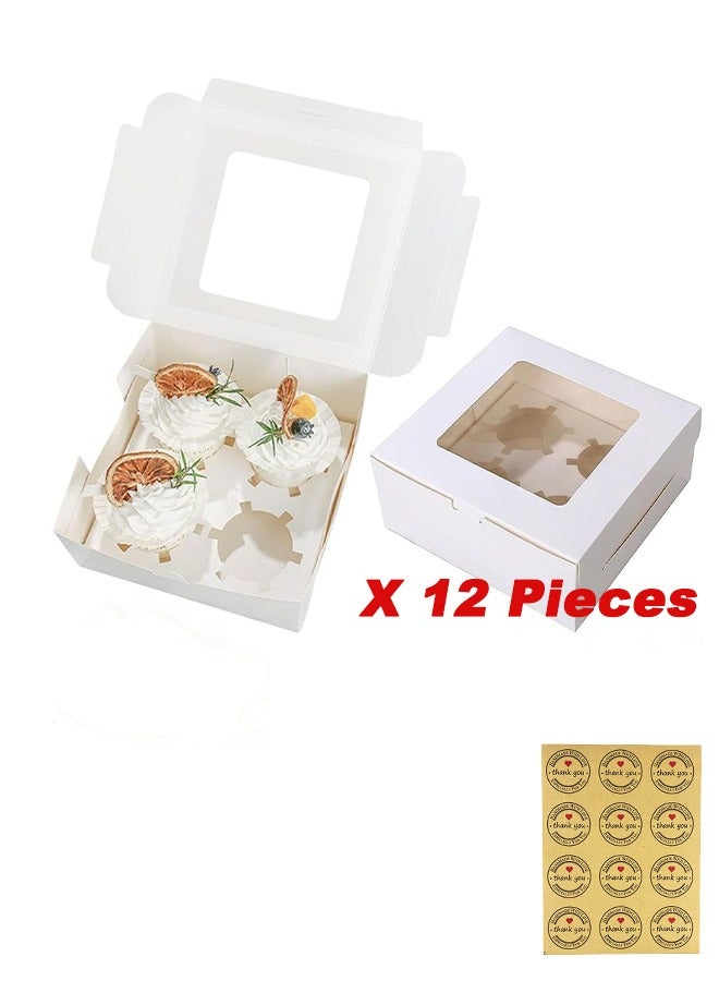 12-Piece Cupcake Boxes Set with Window, 4 Cavity White Cardboard Containers for Cupcakes, Muffins, Pastries, Bakery Packaging with Stickers - Image 1
