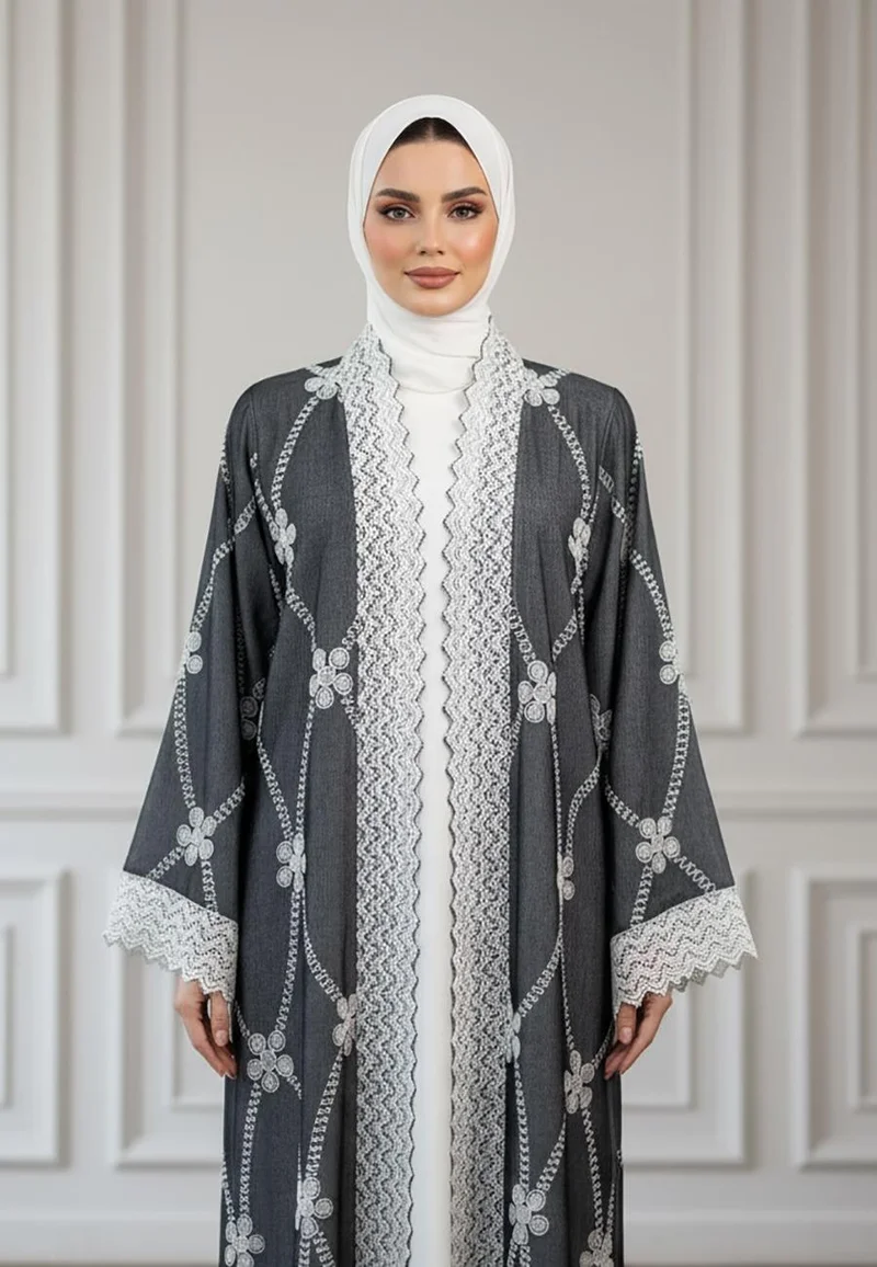 نخبة Lattice Lace Embroidered Abaya | Linen-Blend Fabric-926