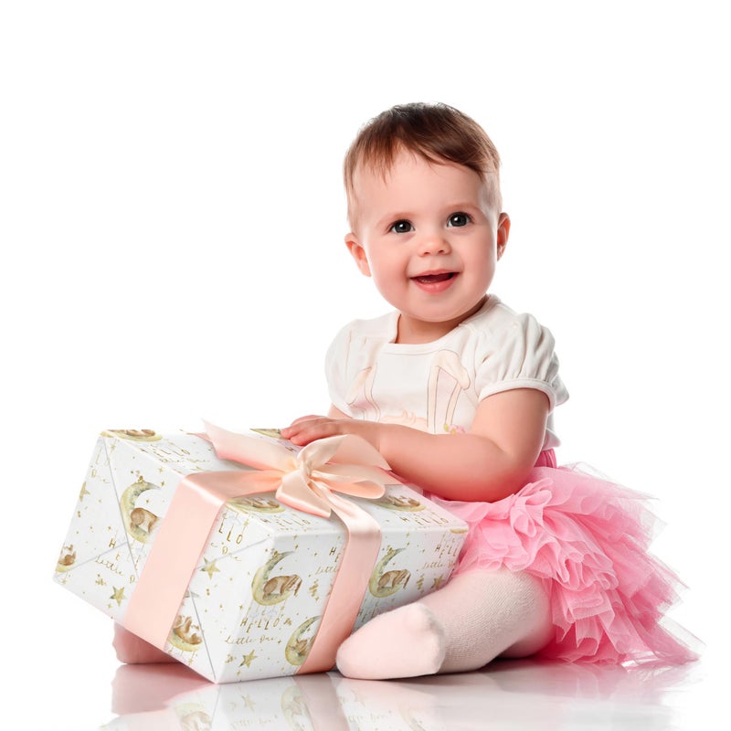 SaringSwoon Baby Shower Wrapping Paper Roll for Kids Girls Boys - White Gift Wrap With Bunny, Moon and Hello Little One Design for Baby Shower, Birthday, Newborn - 17.5" Ã— 26 Ft - Image 4