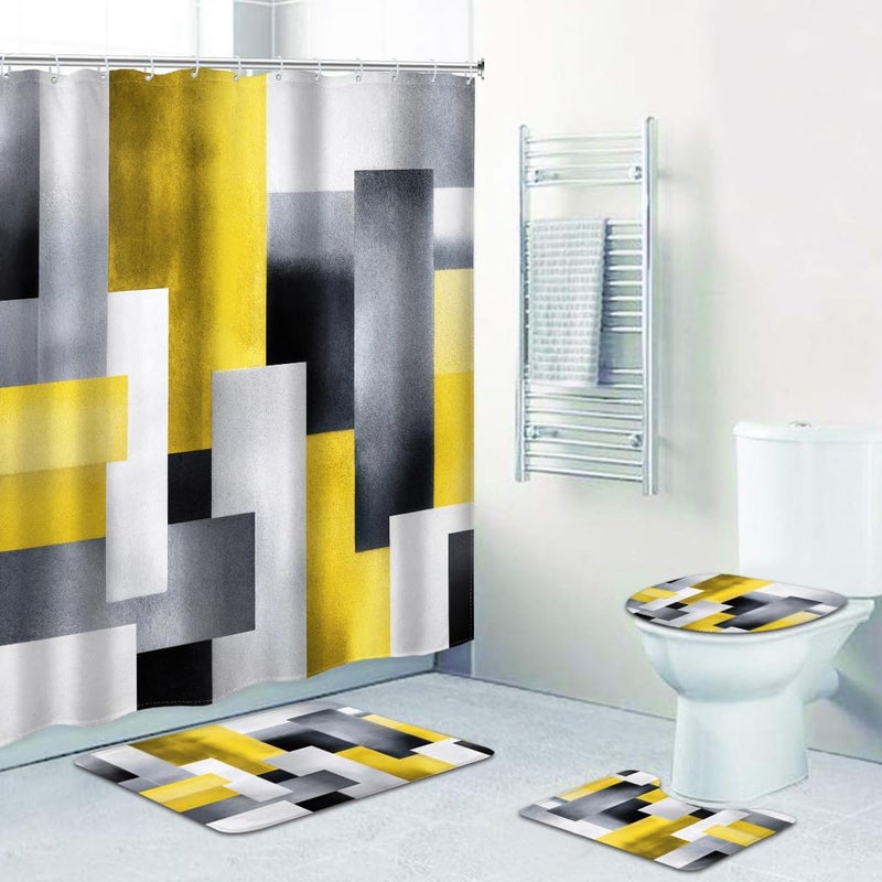 Riyidecor 4PCs Abstract Geometry Shower Curtain Bathroom Set with Non-Slip Rugs, Toilet Lid Cover and Bath Mat Grey Yellow Color Blocks Waterproof 12 Pack Hooks 72x72 inch Modern Shower Curtain Decor - Image 5