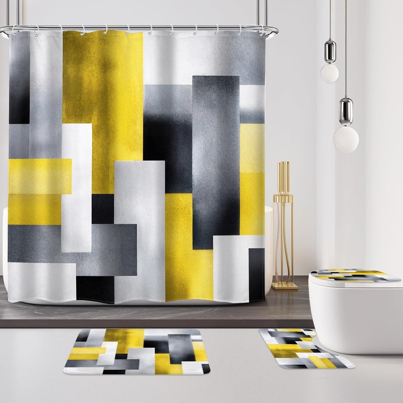 Riyidecor 4PCs Abstract Geometry Shower Curtain Bathroom Set with Non-Slip Rugs, Toilet Lid Cover and Bath Mat Grey Yellow Color Blocks Waterproof 12 Pack Hooks 72x72 inch Modern Shower Curtain Decor - Image 1