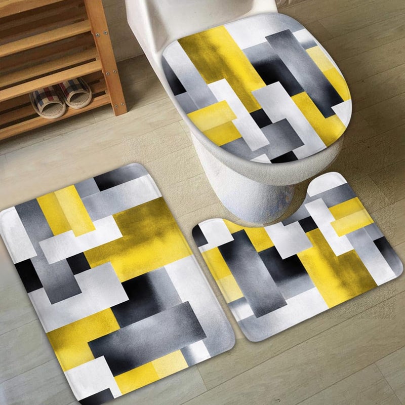 Riyidecor 4PCs Abstract Geometry Shower Curtain Bathroom Set with Non-Slip Rugs, Toilet Lid Cover and Bath Mat Grey Yellow Color Blocks Waterproof 12 Pack Hooks 72x72 inch Modern Shower Curtain Decor - Image 2