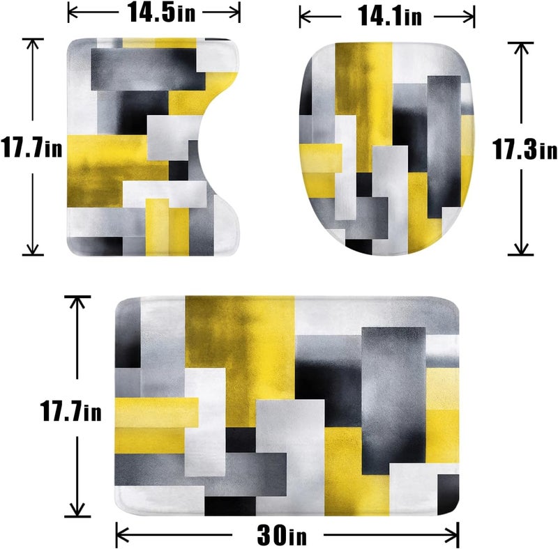 Riyidecor 4PCs Abstract Geometry Shower Curtain Bathroom Set with Non-Slip Rugs, Toilet Lid Cover and Bath Mat Grey Yellow Color Blocks Waterproof 12 Pack Hooks 72x72 inch Modern Shower Curtain Decor - Image 4