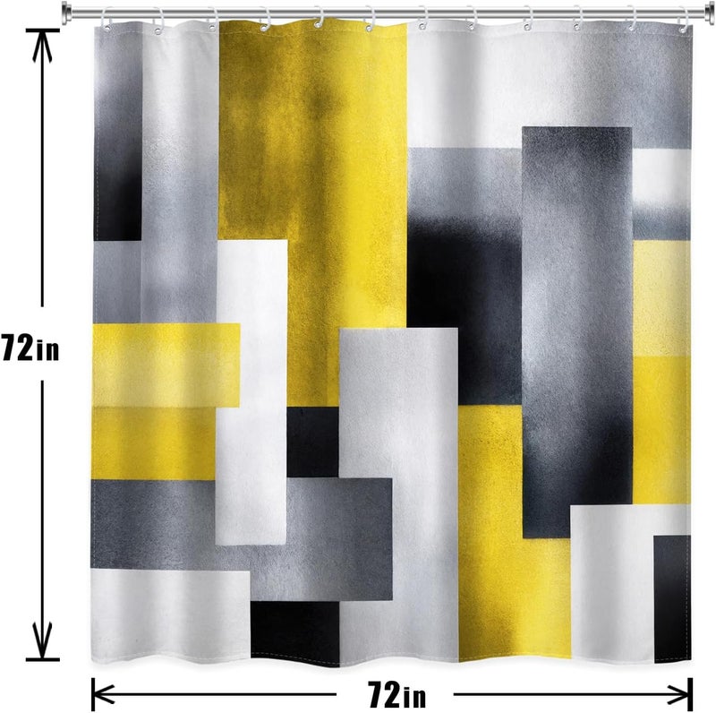 Riyidecor 4PCs Abstract Geometry Shower Curtain Bathroom Set with Non-Slip Rugs, Toilet Lid Cover and Bath Mat Grey Yellow Color Blocks Waterproof 12 Pack Hooks 72x72 inch Modern Shower Curtain Decor - Image 3