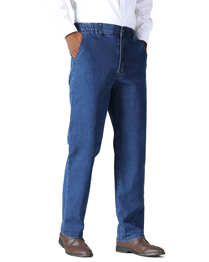 Soojun Mens Elastic Waist Jeans Relaxed Fit with Zipper and Button, Blue, 36W x 30L - Image 5