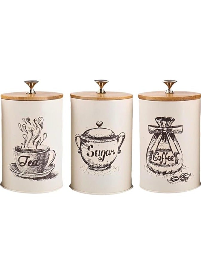 Arabest 3 Pieces Canister Sets for Kitchen Counter, Metal Vintage Kitchen Canisters, Coffee Sugar Tea Canister Set, Food Storage Canister with Bamboo Lid, Farmhouse Kitchen Decor, Beige  - Image 1