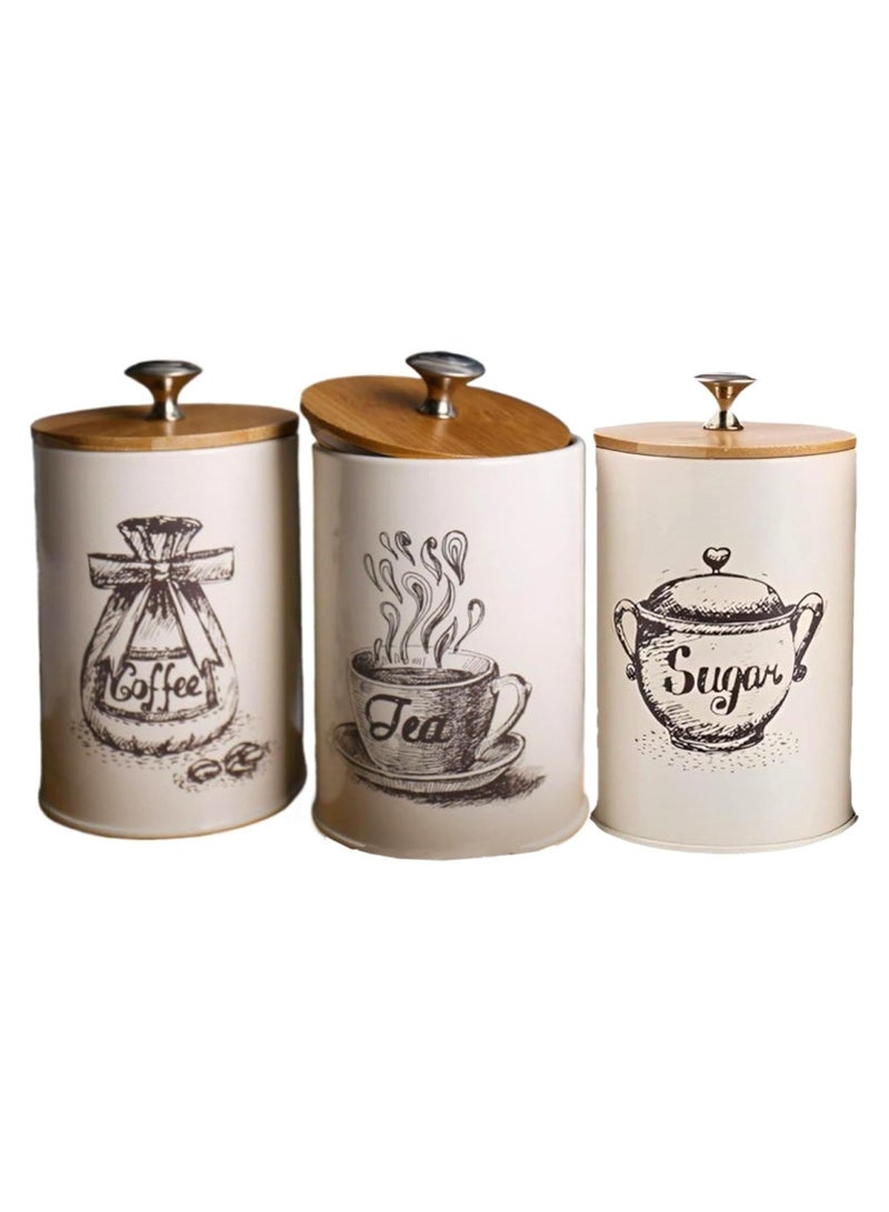 Arabest 3 Pieces Canister Sets for Kitchen Counter, Metal Vintage Kitchen Canisters, Coffee Sugar Tea Canister Set, Food Storage Canister with Bamboo Lid, Farmhouse Kitchen Decor, Beige  - Image 3